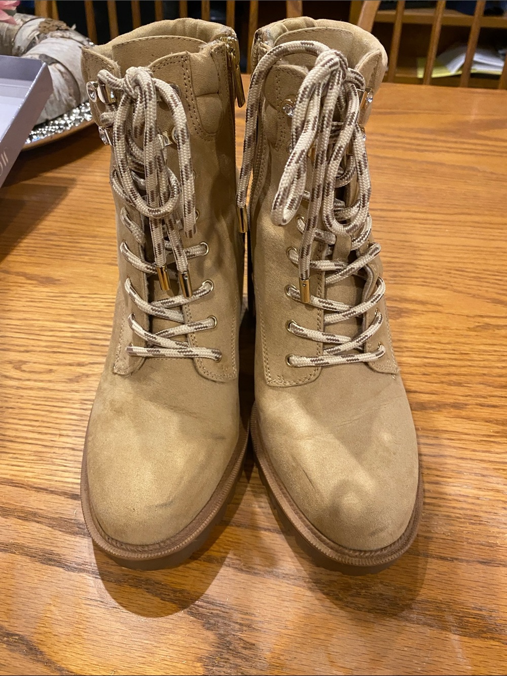 Jennifer Lopez Beige Lace-Up Suede Ankle Boots